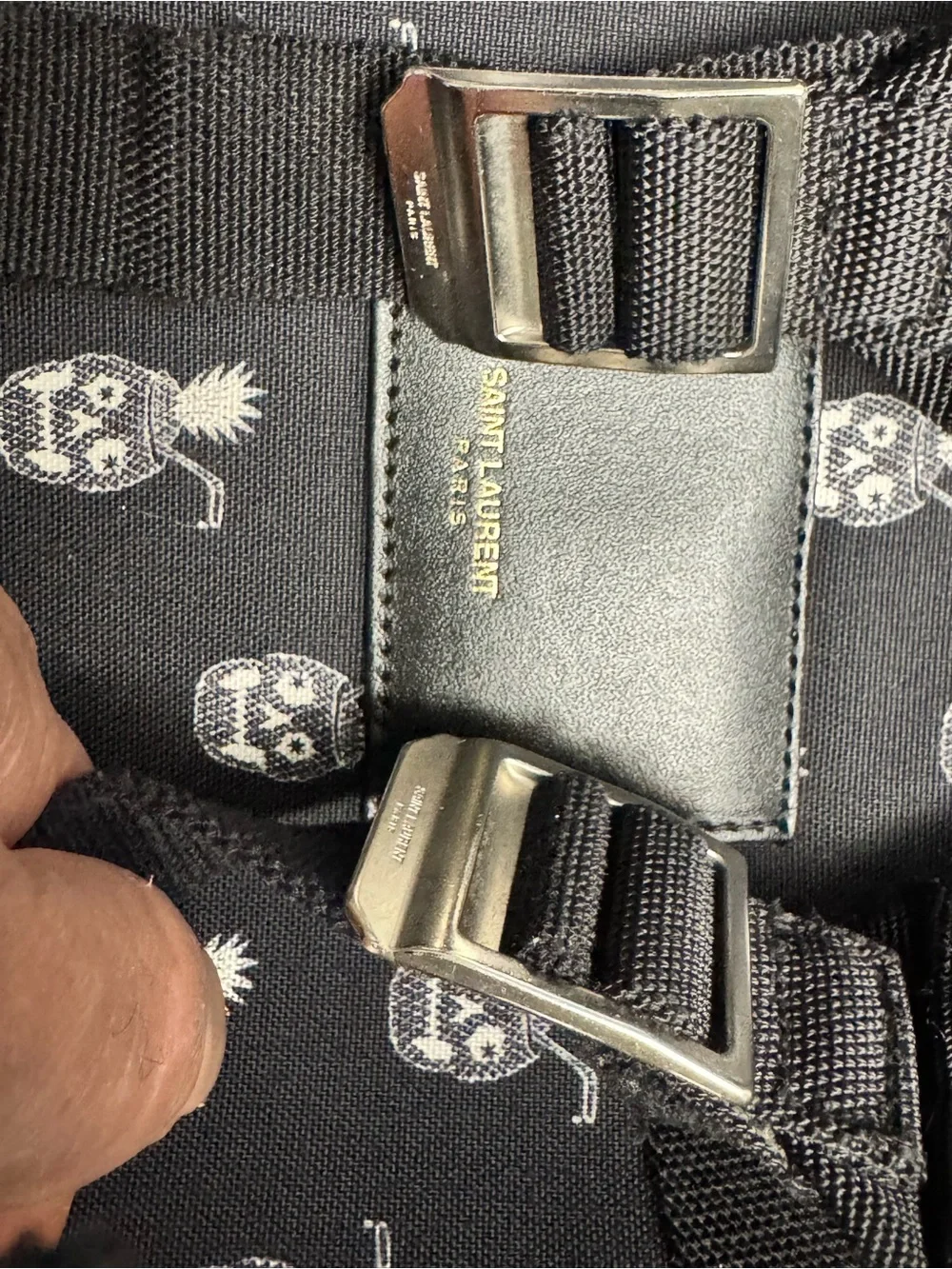 Saint Laurent Black Canvas Backpack with White Pineapple Skull Motif